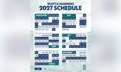 Seattle Mariners 2027 schedule poster showing monthly calendars of games and matchups (Mar–Aug).