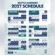 Seattle Mariners 2027 schedule poster showing monthly calendars of games and matchups (Mar–Aug).