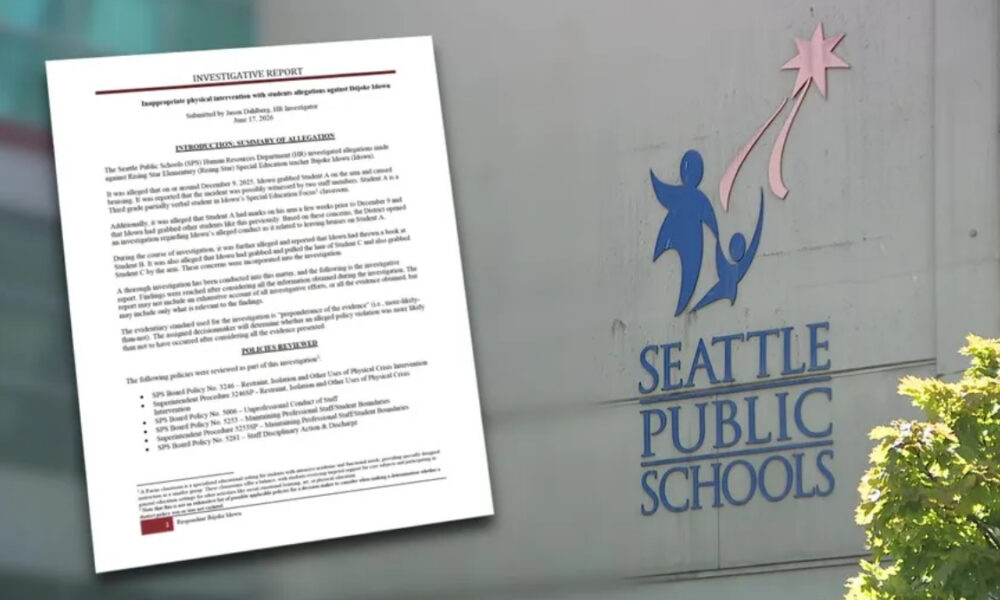 Tilted investigative report document positioned in front of a Seattle Public Schools exterior wall with logo art.