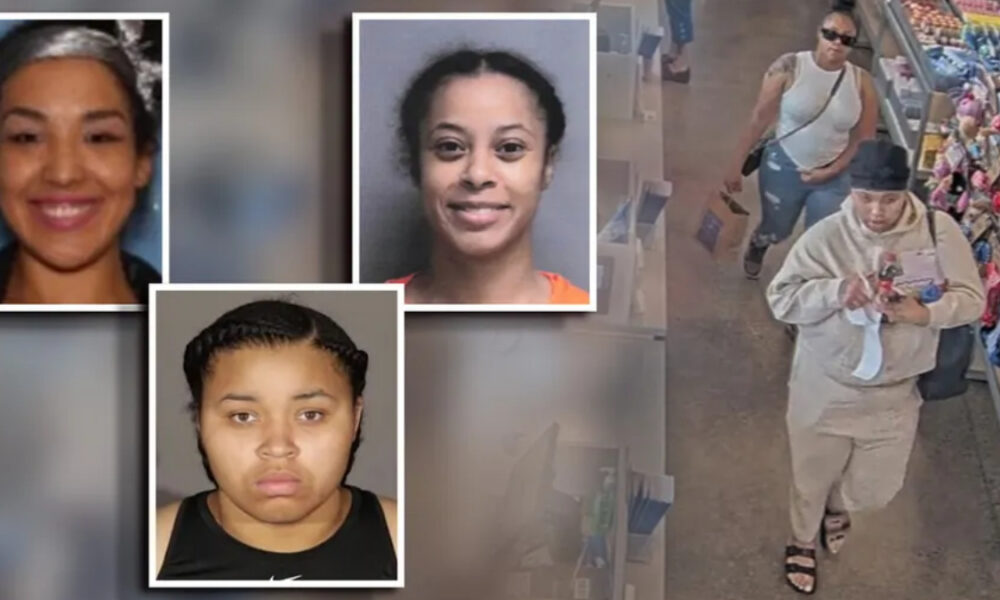 Collage of four mugshots with white borders on the left; a shopper in beige clothing is seen in a store aisle on the right.