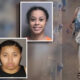 Collage of four mugshots with white borders on the left; a shopper in beige clothing is seen in a store aisle on the right.