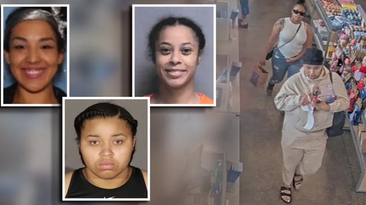 Collage of four mugshots with white borders on the left; a shopper in beige clothing is seen in a store aisle on the right.