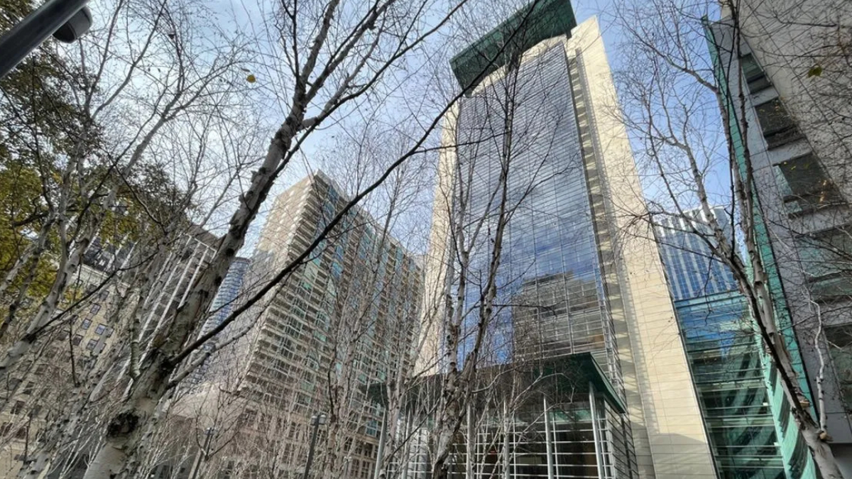Tall glass skyscrapers rise behind bare winter trees in an urban plaza.