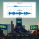 Football stadium at dusk with two large GOAL screens; an inset seismograph graphs labeled Beastquake and Taylor Swift overlay the scene.