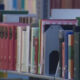 Row of colorful hardcover books on a library shelf, with blue book ends and assorted bindings visible