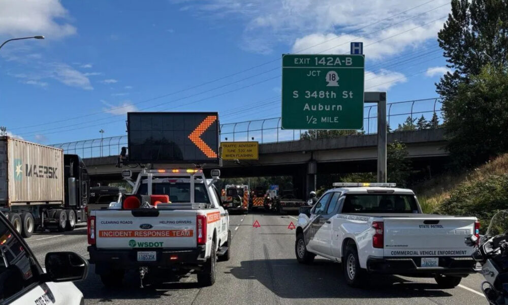 Emergency response vehicles block a highway under an overpass; a digital left-arrow sign and orange cones indicate a incident scene.