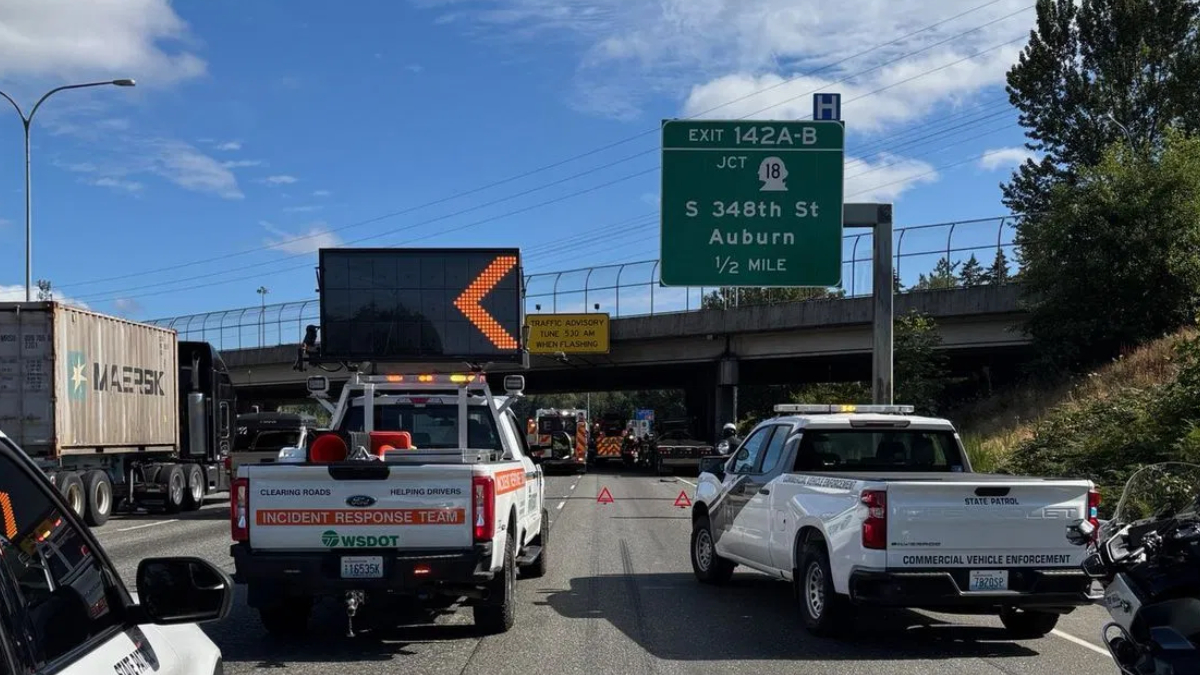 Emergency response vehicles block a highway under an overpass; a digital left-arrow sign and orange cones indicate a incident scene.