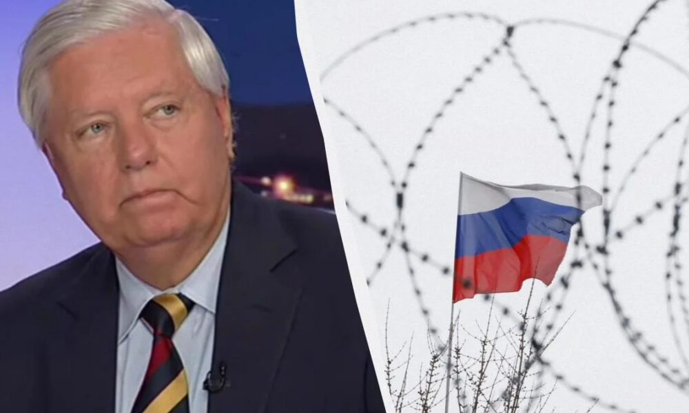 Split image: left shows a gray-haired man in a dark suit on a TV set; right shows a Russian flag with barbed wire in a wintry scene (symbolic border tension).