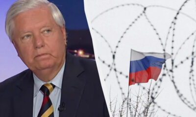 Split image: left shows a gray-haired man in a dark suit on a TV set; right shows a Russian flag with barbed wire in a wintry scene (symbolic border tension).