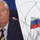Split image: left shows a gray-haired man in a dark suit on a TV set; right shows a Russian flag with barbed wire in a wintry scene (symbolic border tension).