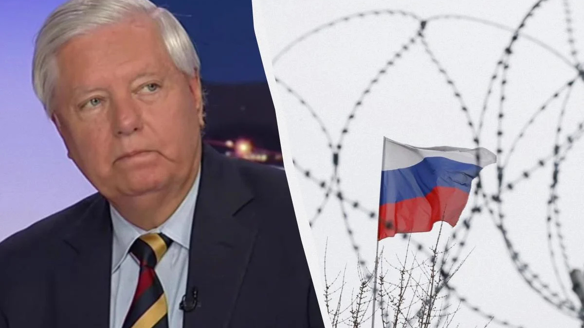 Split image: left shows a gray-haired man in a dark suit on a TV set; right shows a Russian flag with barbed wire in a wintry scene (symbolic border tension).