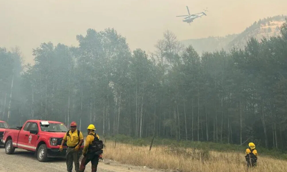 Firefighters in yellow gear walk near smoke-filled forest with a helicopter overhead and red trucks nearby on a dirt road.