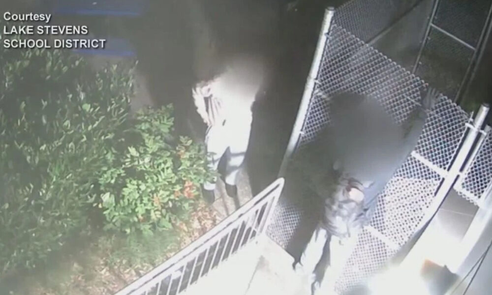 Security camera image of two people near a chain-link gate outside a building, one in a hooded sweatshirt, with bushes to the left.