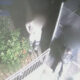 Security camera image of two people near a chain-link gate outside a building, one in a hooded sweatshirt, with bushes to the left.