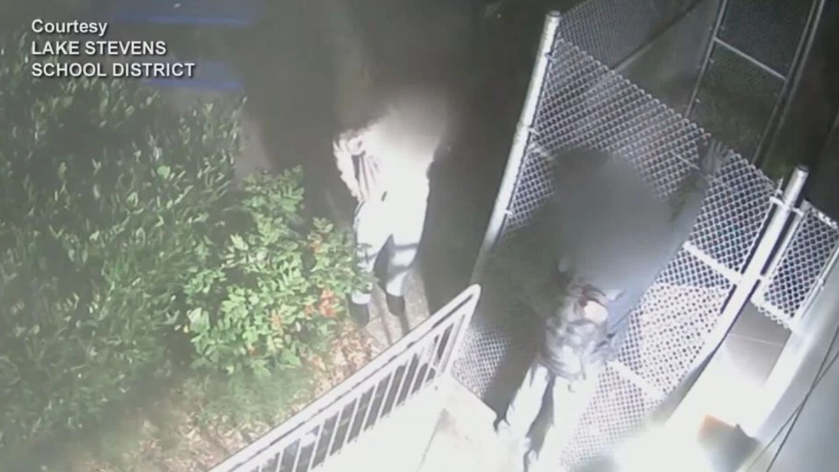 Security camera image of two people near a chain-link gate outside a building, one in a hooded sweatshirt, with bushes to the left.
