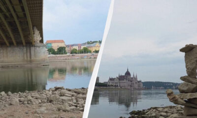 Split-view of the Danube: left shows a bridge and city skyline, right shows Budapest's Parliament by the water with rock cairns in the foreground.