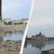 Split-view of the Danube: left shows a bridge and city skyline, right shows Budapest's Parliament by the water with rock cairns in the foreground.
