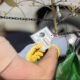 Man wearing gloves ties a tag to a small tree near a chain fence, with a green bag nearby (outdoor planting or charity event).