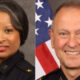 Two police officers, a woman (left) and a man (right), in formal uniform with an American flag backdrop.