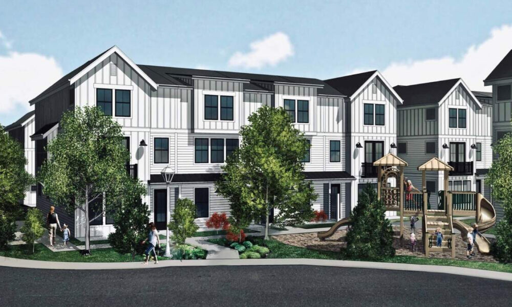 Rendering of white townhouse-style apartments with a playground and trees in a suburban complex