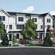 Rendering of white townhouse-style apartments with a playground and trees in a suburban complex