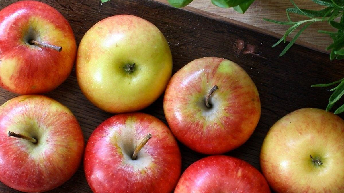 Assorted red and yellow apples arranged on a dark wooden board with green leaves in the corner.