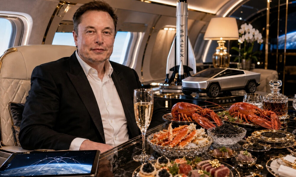 Man in a dark suit sits at a luxurious private-jet dining table with lobster, champagne, and display models of SpaceX and a Tesla car.