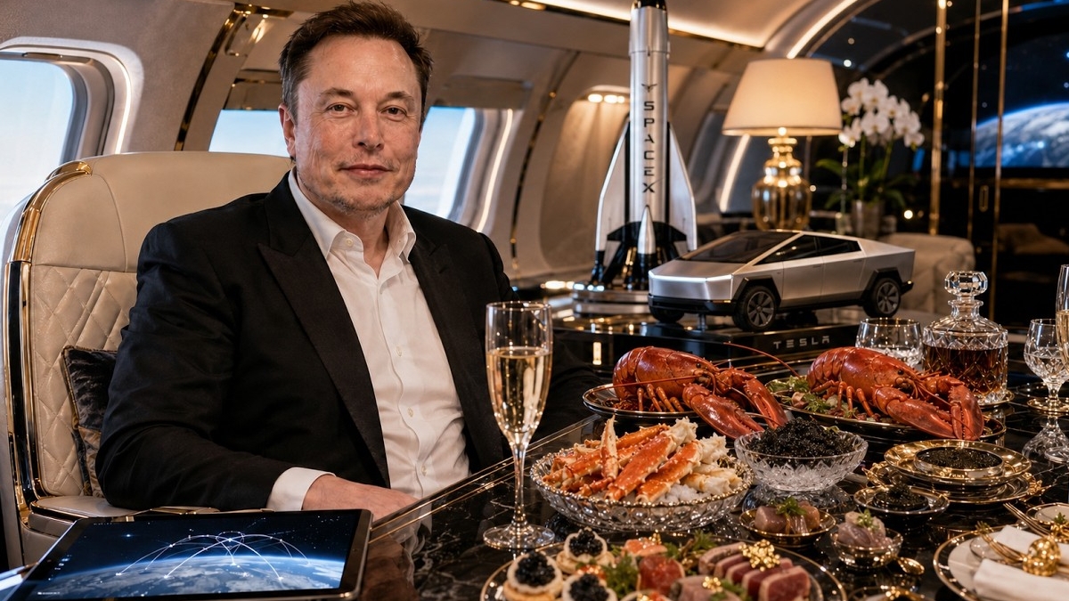 Man in a dark suit sits at a luxurious private-jet dining table with lobster, champagne, and display models of SpaceX and a Tesla car.