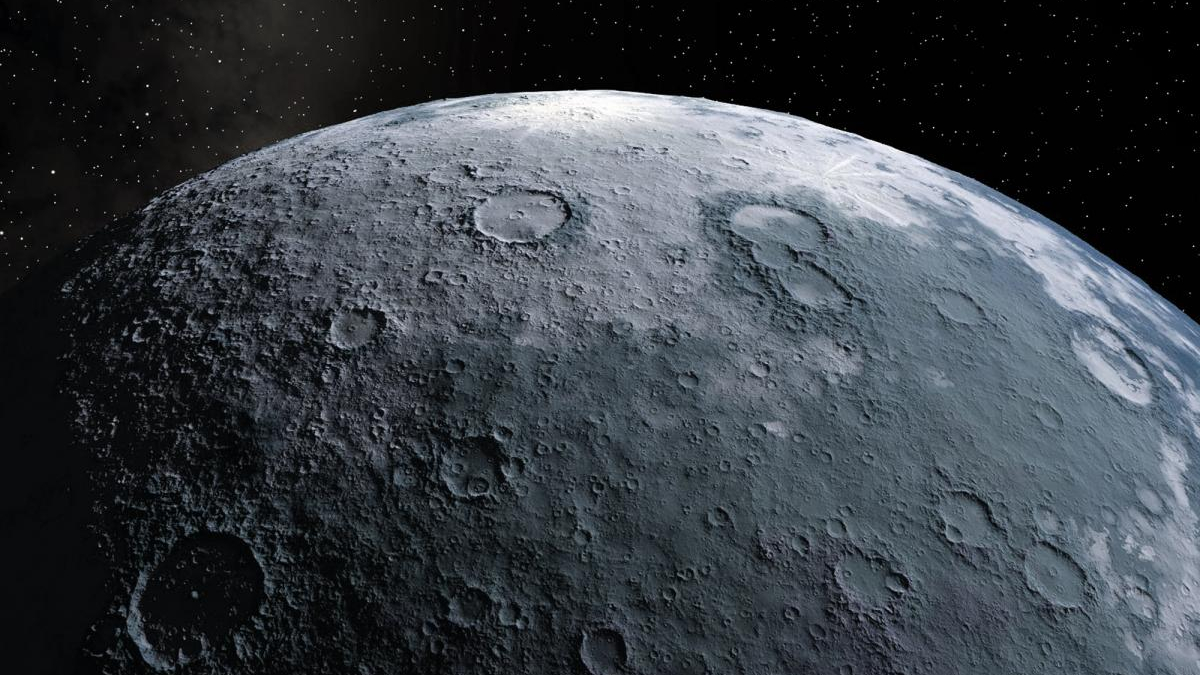 Close-up view of a cratered lunar surface against a starry black space background,