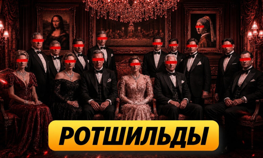 Group of people in formal wear posed in a red, ornate room; red eye bands conceal their eyes; bold yellow Cyrillic banner at the bottom.