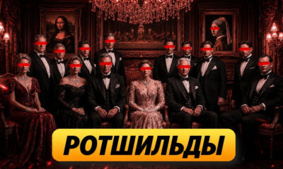 Group of people in formal wear posed in a red, ornate room; red eye bands conceal their eyes; bold yellow Cyrillic banner at the bottom.