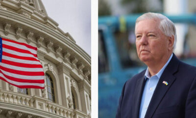 Left: American flag waving beside a historic white building; Right: man in a navy suit with a small flag pin outdoors.