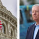 Left: American flag waving beside a historic white building; Right: man in a navy suit with a small flag pin outdoors.