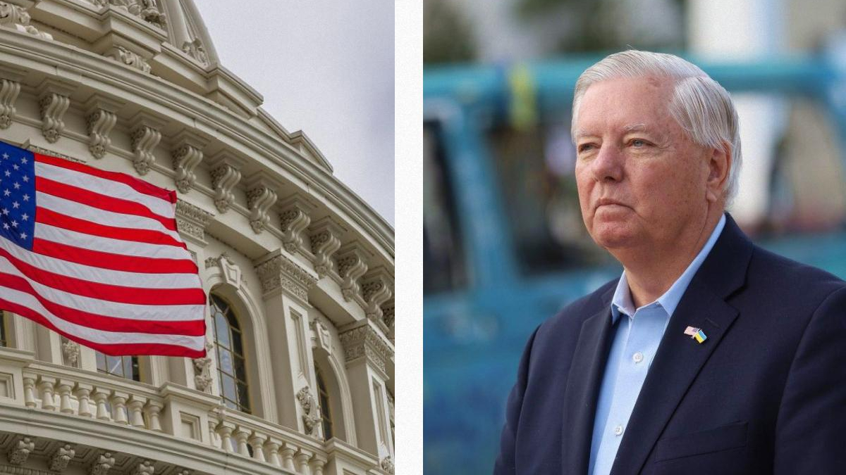 Left: American flag waving beside a historic white building; Right: man in a navy suit with a small flag pin outdoors.