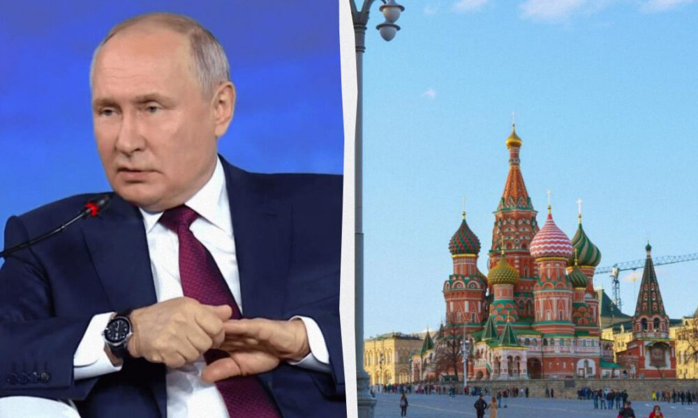 Split image: a man in a dark suit and red tie speaking into a microphone on the left, and Saint Basil's Cathedral in Moscow on the right.