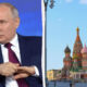 Split image: a man in a dark suit and red tie speaking into a microphone on the left, and Saint Basil's Cathedral in Moscow on the right.