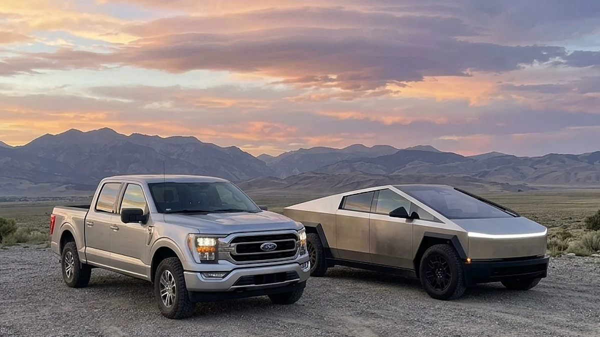 Silver Ford pickup and a metallic Tesla Cybertruck parked on a gravel desert with distant mountains and a colorful sunset behind them.