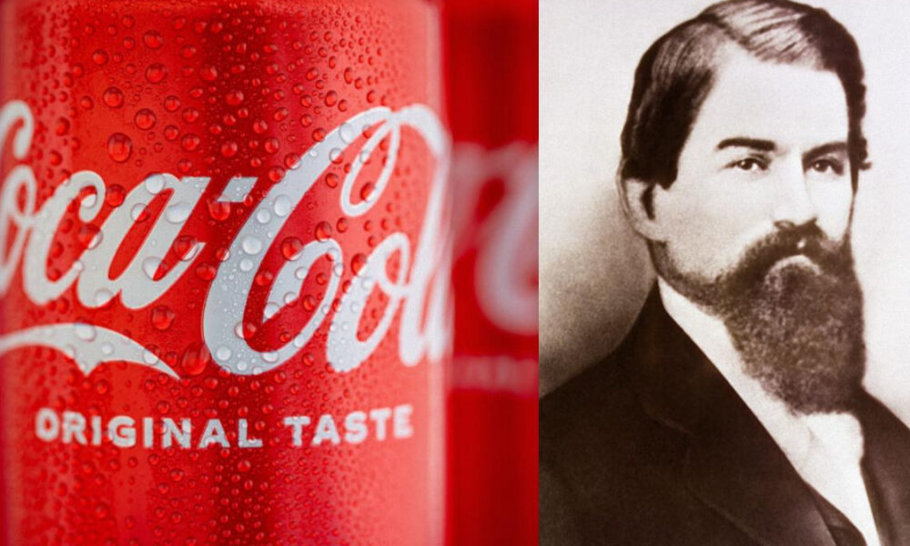 Split image: left a close-up of a Coca‑Cola can with droplets and the text 'Original Taste'; right a historical portrait of John Stith Pemberton, inventor of Coca‑Cola, in a suit.