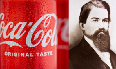 Split image: left a close-up of a Coca‑Cola can with droplets and the text 'Original Taste'; right a historical portrait of John Stith Pemberton, inventor of Coca‑Cola, in a suit.