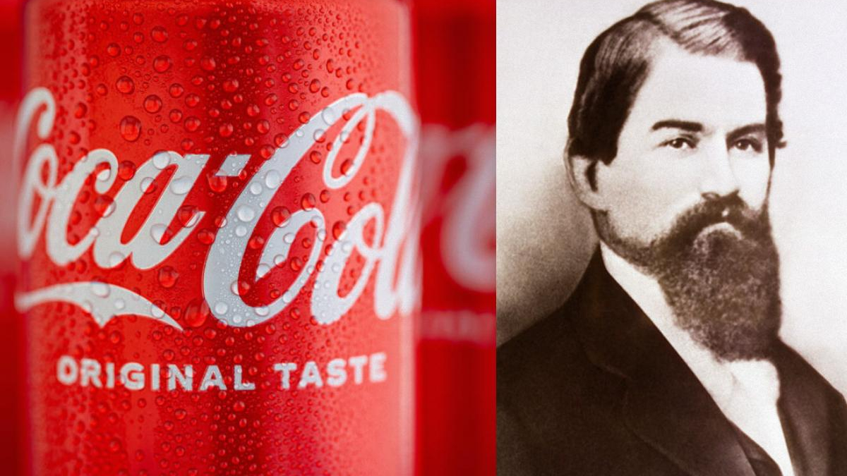 Split image: left a close-up of a Coca‑Cola can with droplets and the text 'Original Taste'; right a historical portrait of John Stith Pemberton, inventor of Coca‑Cola, in a suit.