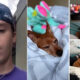 Left: man taking a selfie; center: brown dog asleep in blankets; right: dog on a sofa in two photos.