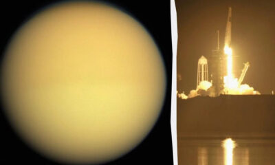 Split-screen: a pale yellow planet disk on the left and a nighttime rocket launch on the right