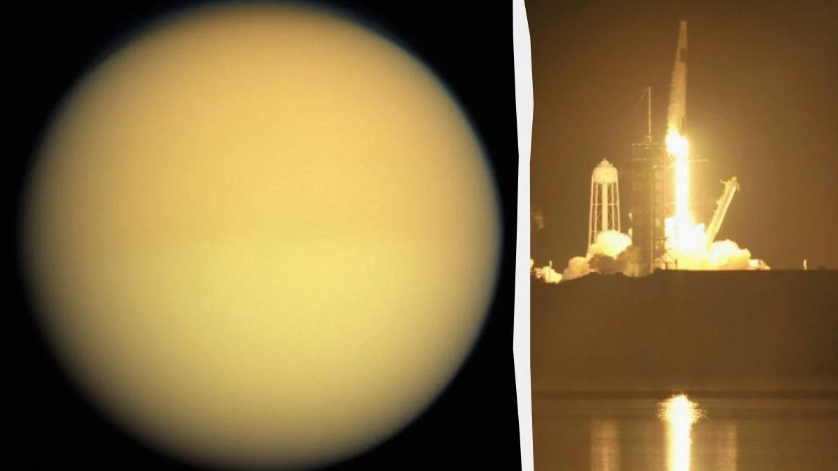Split-screen: a pale yellow planet disk on the left and a nighttime rocket launch on the right