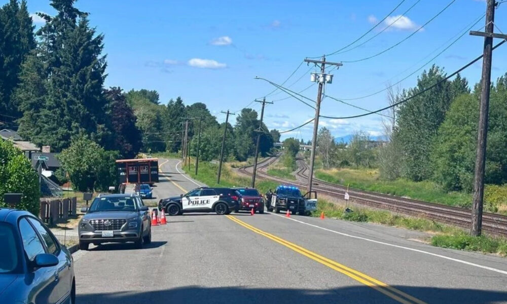 Police cars block a rural two-lane road with orange cones; railroad tracks and trees in the background.