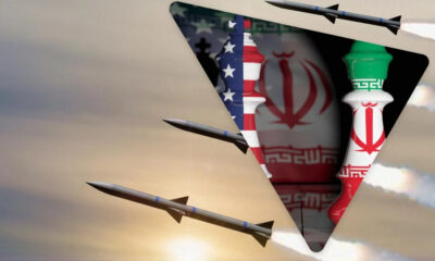 Torn opening revealing flag-themed chess pieces behind, with missiles zooming past the scene, suggesting geopolitics or strategy.