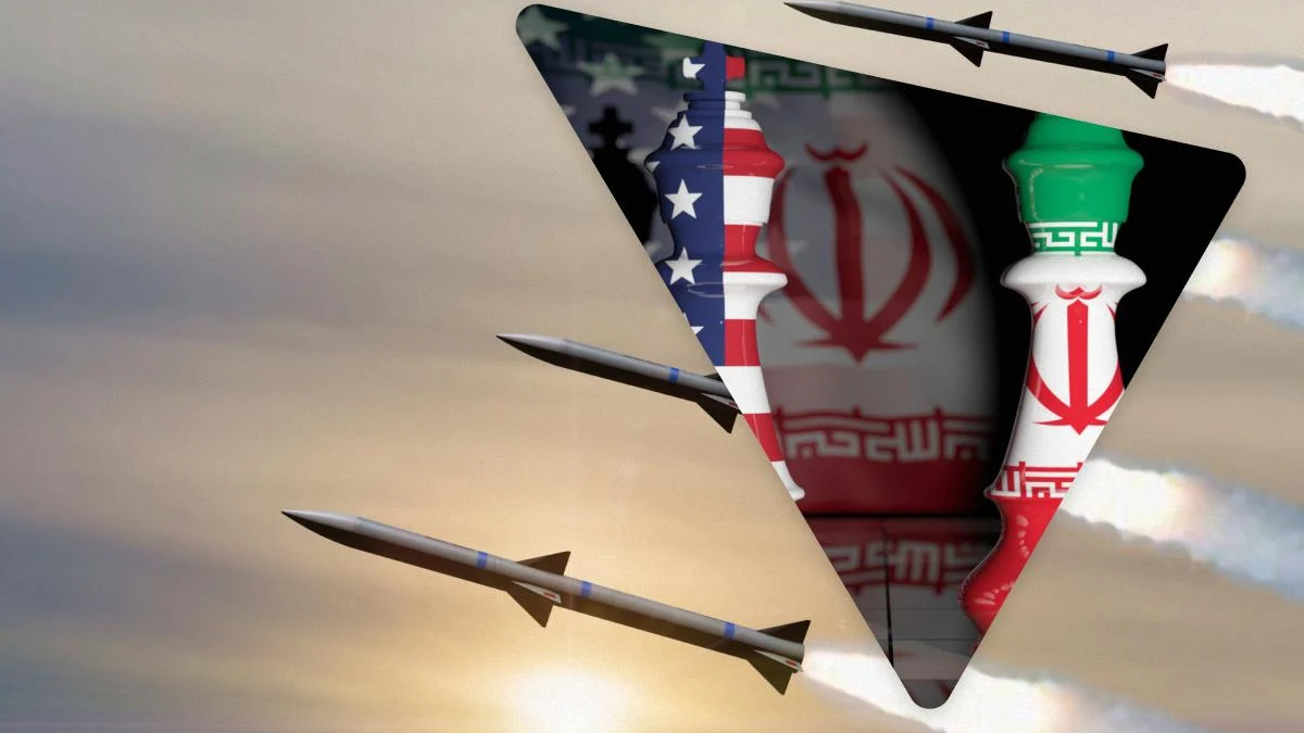 Torn opening revealing flag-themed chess pieces behind, with missiles zooming past the scene, suggesting geopolitics or strategy.