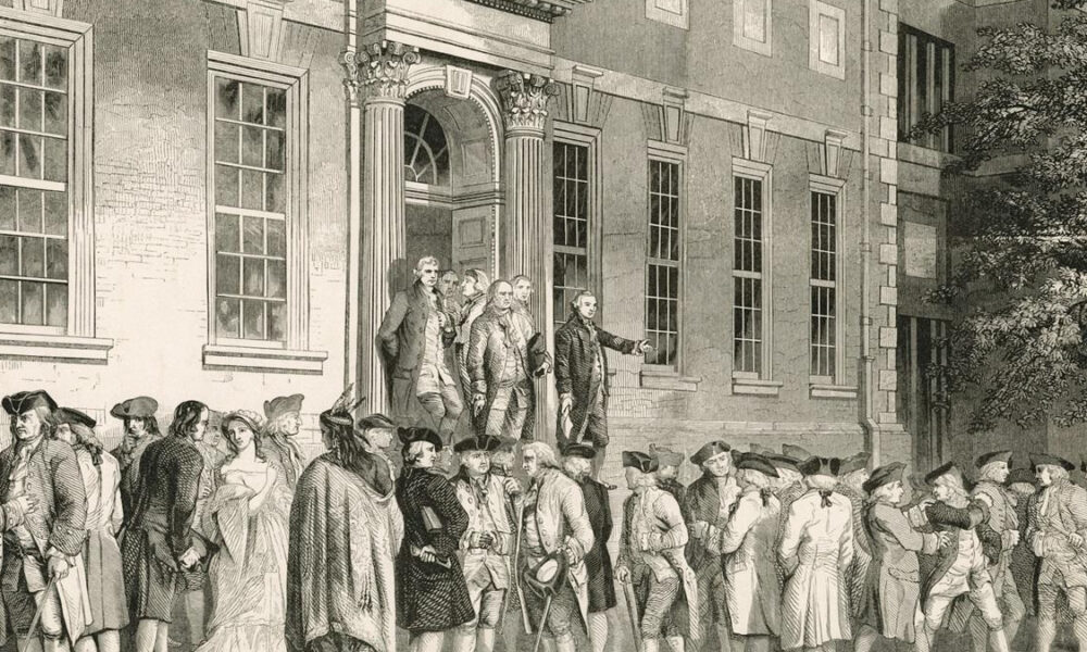 Historic crowd gathered outside a grand neoclassical building with tall columns and arched entrance.