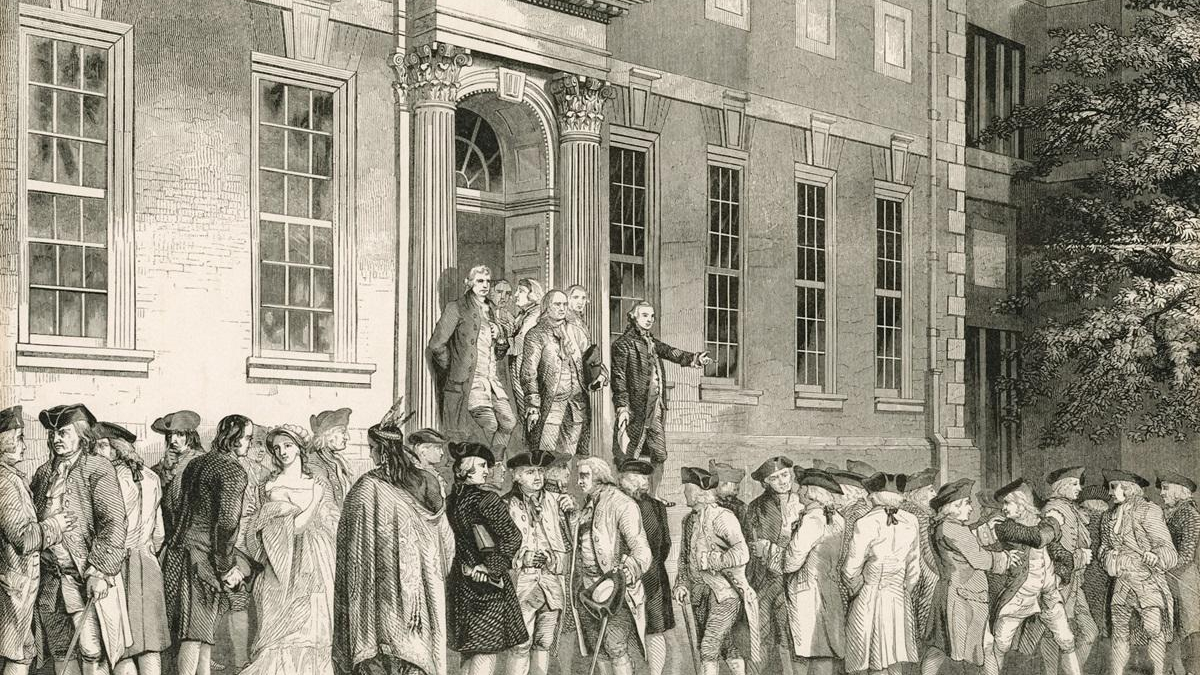 Historic crowd gathered outside a grand neoclassical building with tall columns and arched entrance.