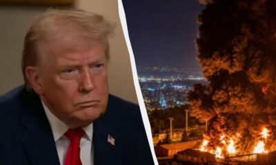 Split image: man in a suit on the left with a serious expression; on the right, a large nighttime fire with a city skyline in the background.