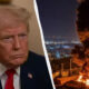 Split image: man in a suit on the left with a serious expression; on the right, a large nighttime fire with a city skyline in the background.
